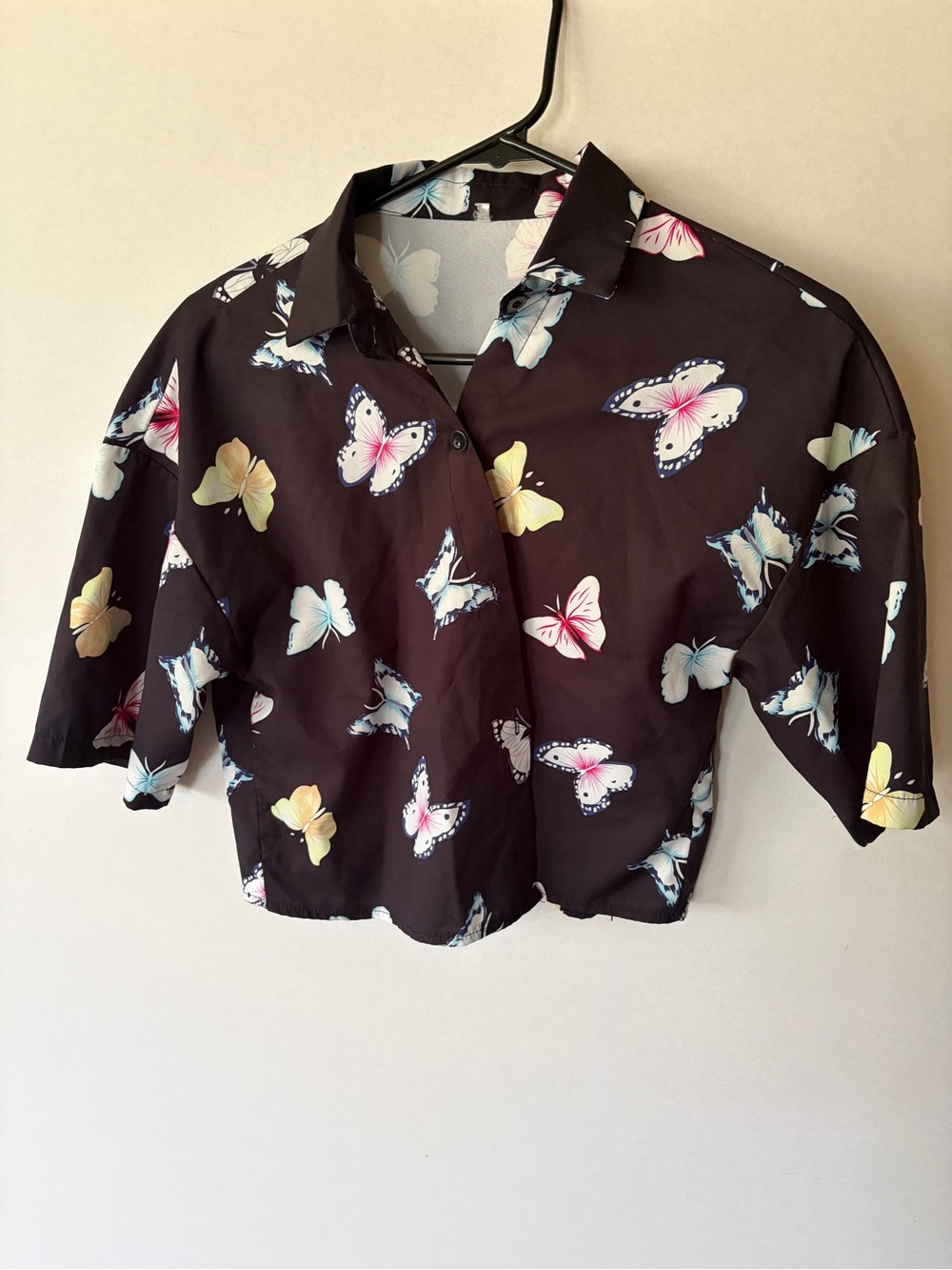 SHEIN Black Cropped Button-Down Top with Multicolor Butterfly Print